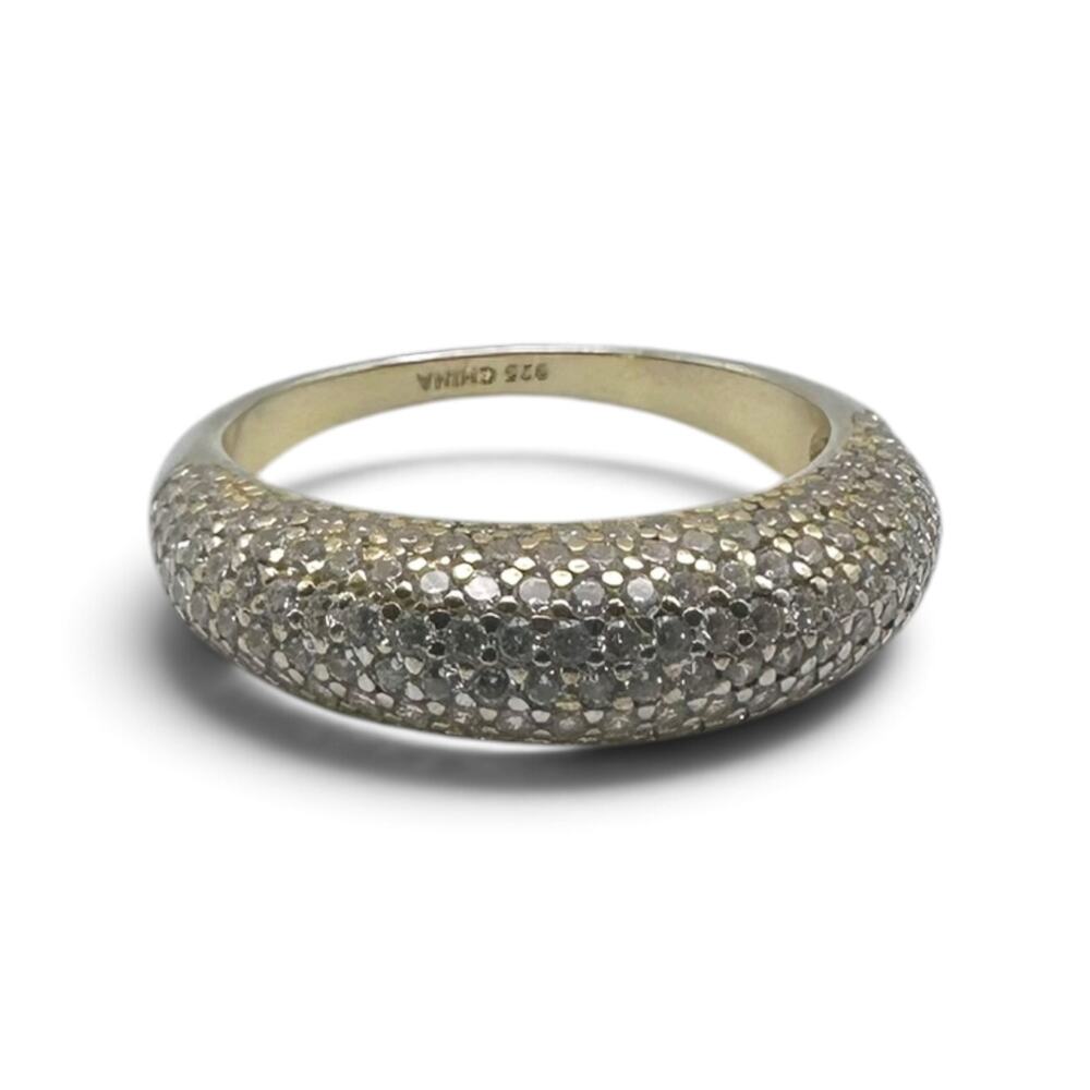 Sterling Silver 925 Gold Tone CZ Domed Statement Ring Prong Set Size 9 4.2g